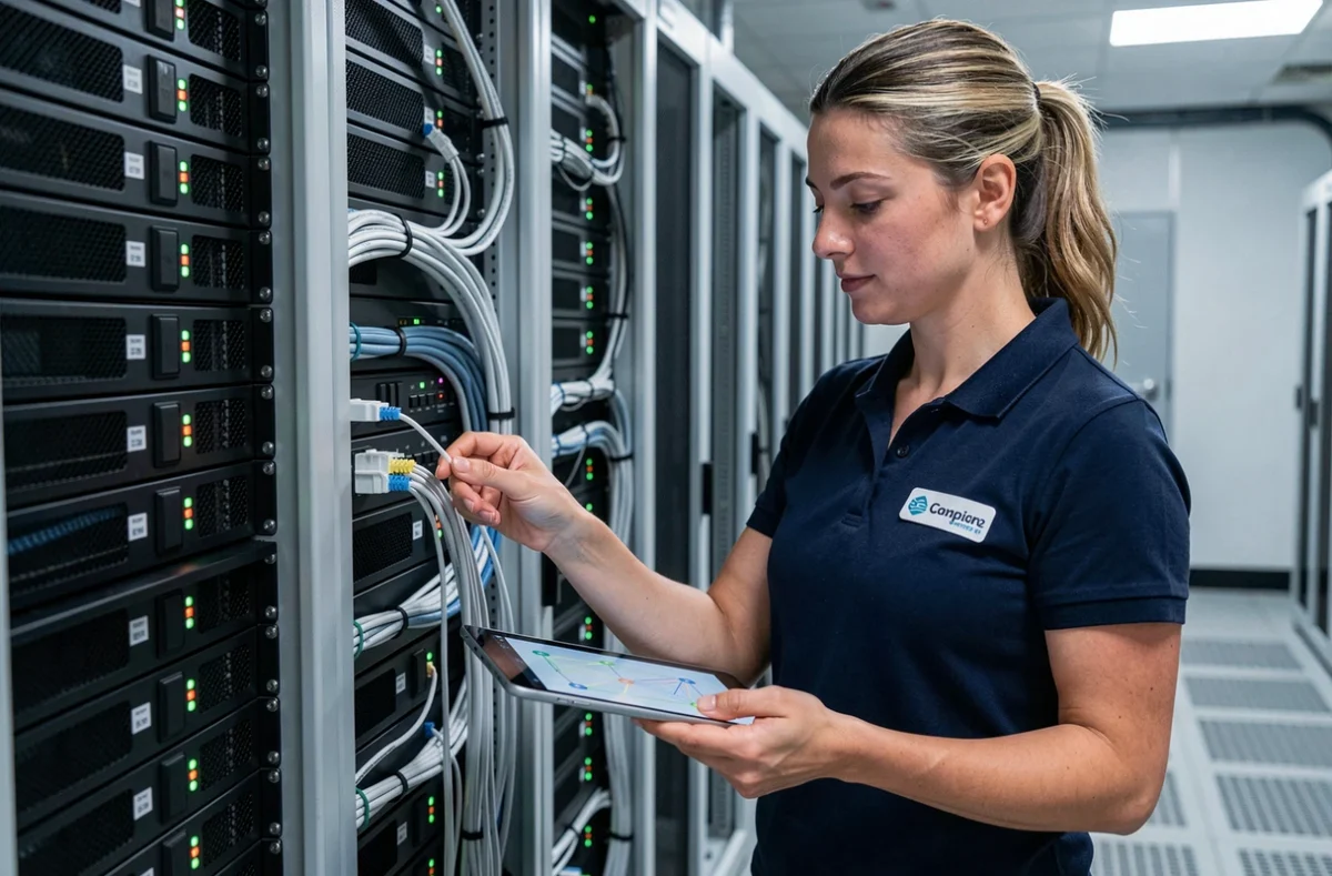 Ingénieure réseau d'Abicom gérant la protection réseau et les services managés dans une salle serveurs à Lille
