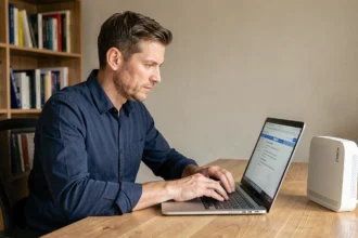 Homme accédant à l'interface Freebox OS via un navigateur web sur un laptop posé sur un bureau en bois à domicile