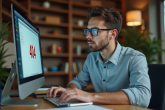 Jeune homme admin naviguant une erreur 404 sur son laptop