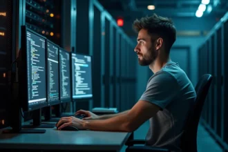 Administrateur système préoccupé face à des alertes de sécurité informatique dans une salle de serveurs