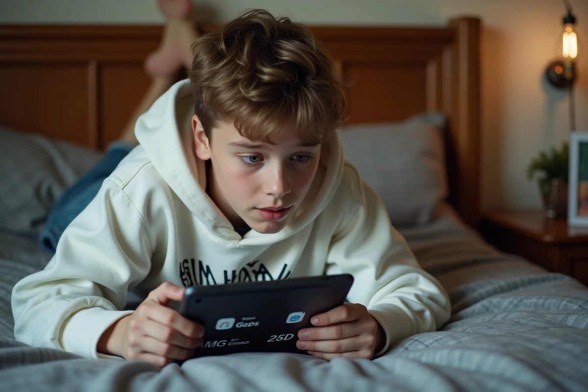 Adolescent allongé sur son lit consultant des tailles de fichiers en Go et Mo sur une tablette