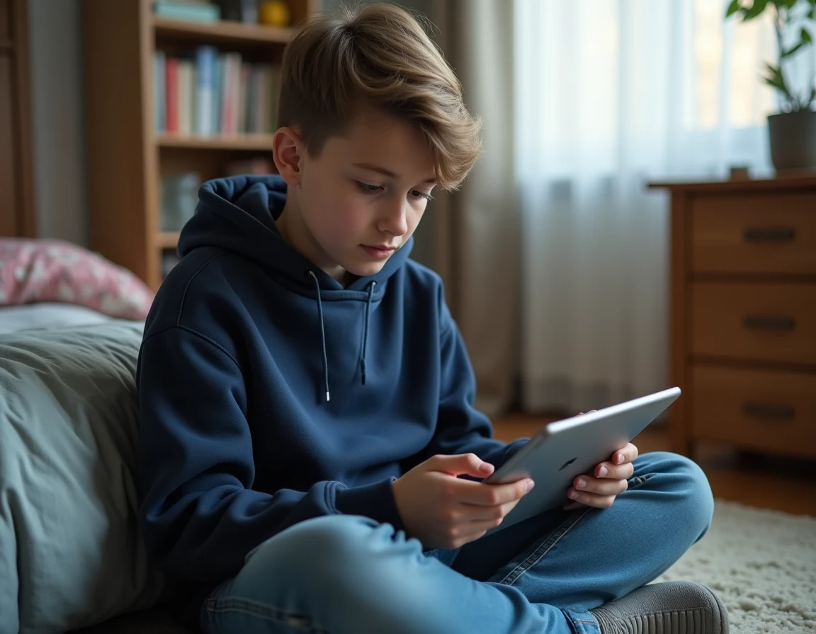 Adolescent naviguant sur Internet avec une tablette dans sa chambre avec SafeSearch activé