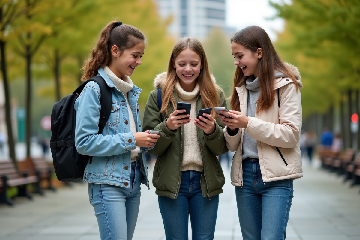 Trois adolescents riant en groupe dans un parc urbain