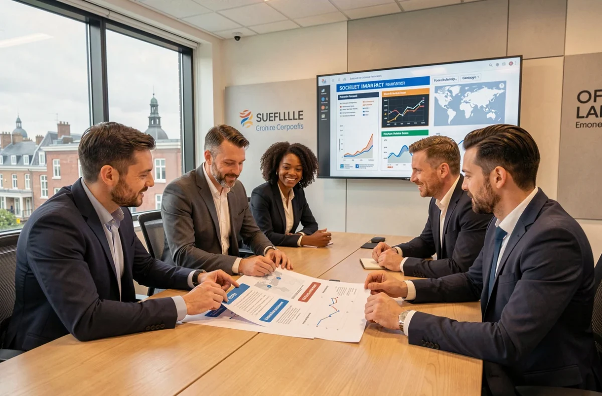 Équipe d'Advens en réunion stratégique autour d'un projet de cybersécurité à grande échelle avec engagement sociétal dans leurs bureaux à Lille
