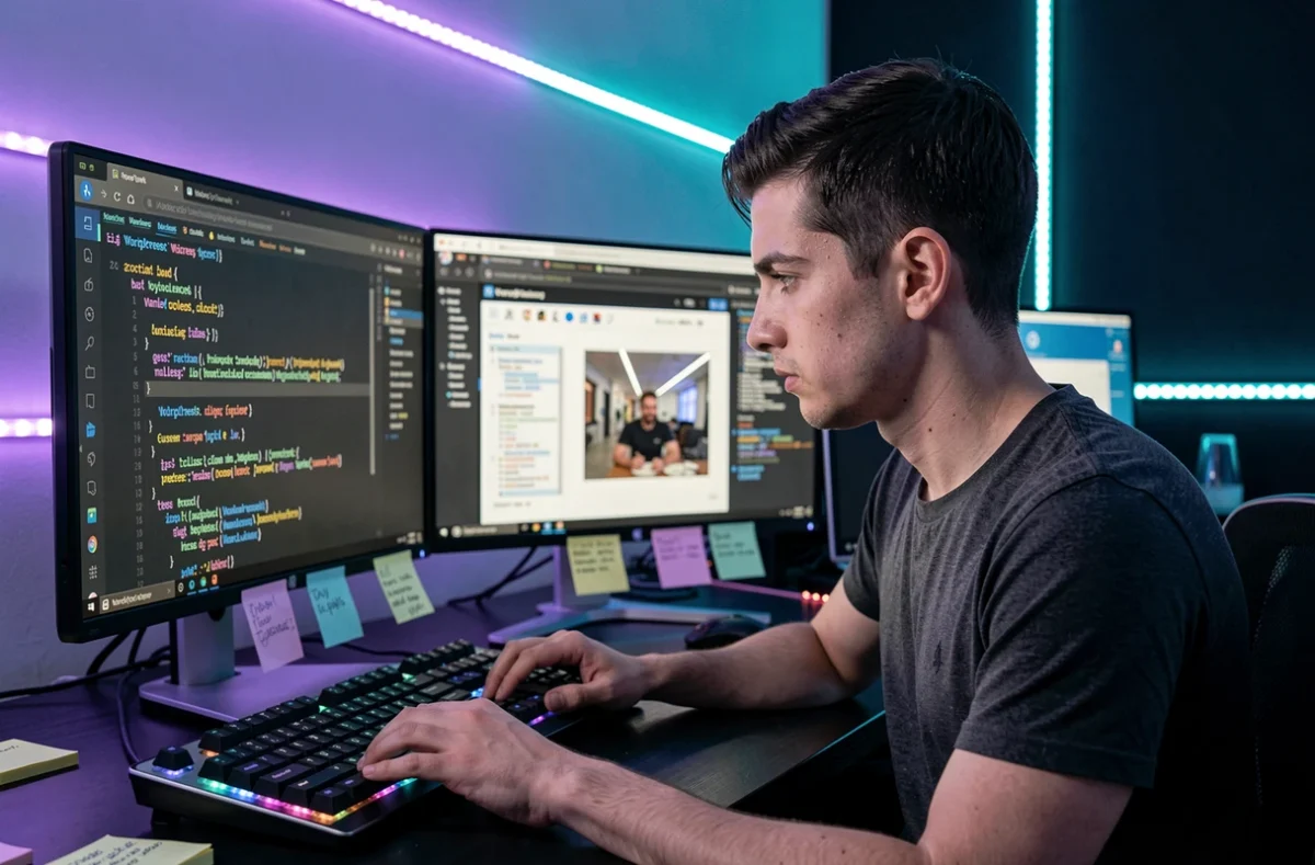 Développeur de Cyberion codant une extension WordPress personnalisée dans un bureau au style startup tech