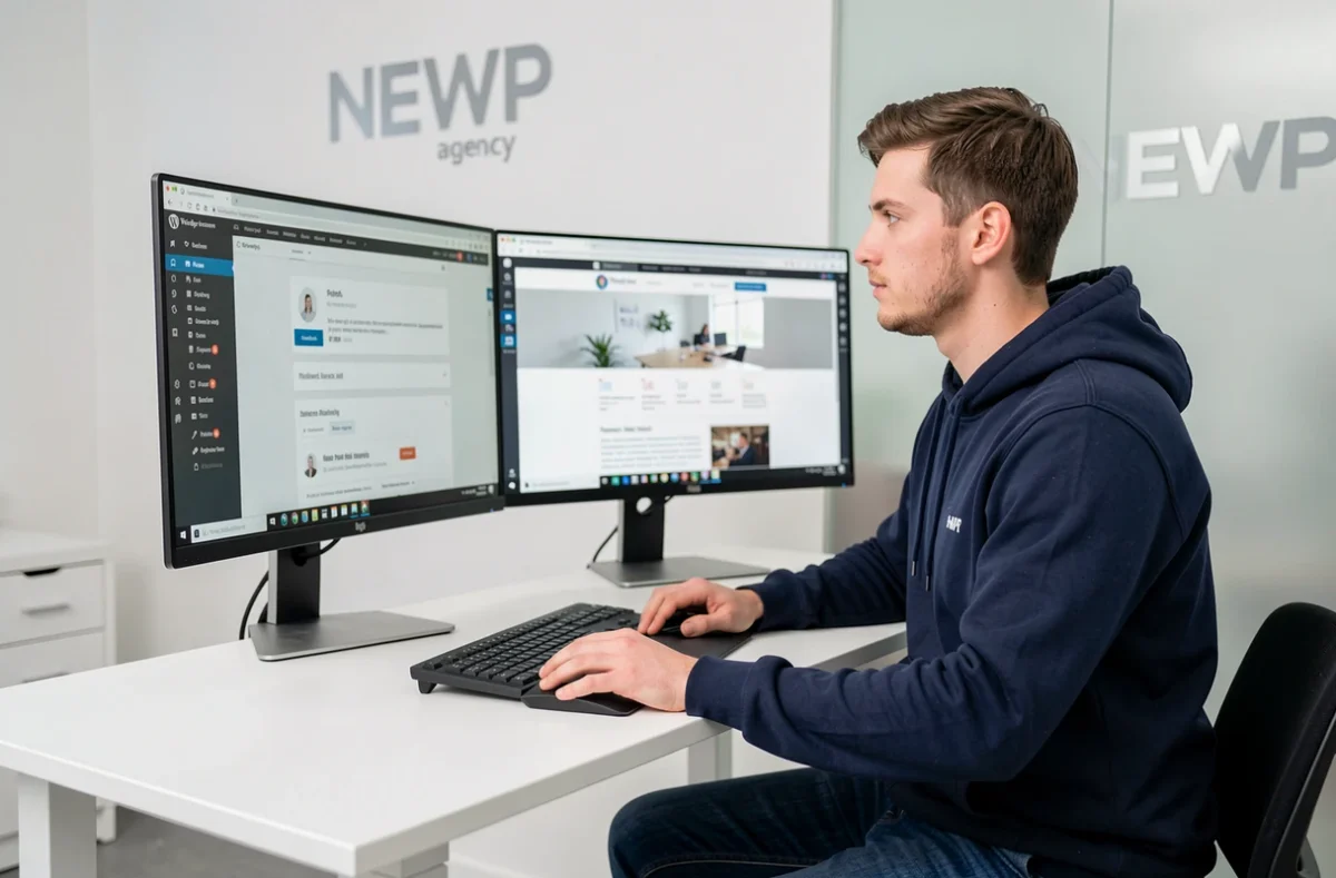 Développeur de l'agence NEWP travaillant sur une interface WordPress dans un bureau moderne et épuré