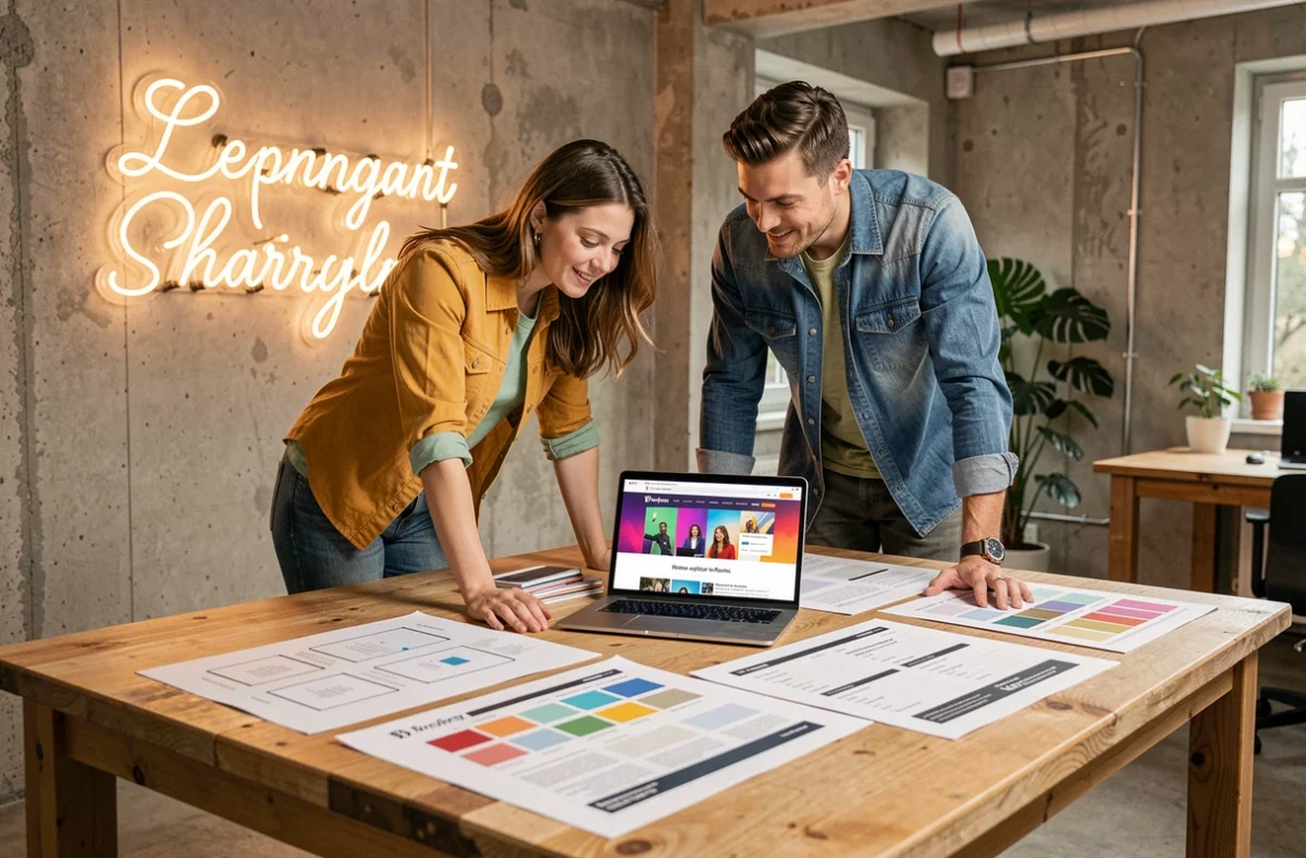 Équipe créative de l'agence Snazzy collaborant sur des maquettes de site WordPress dans un studio design