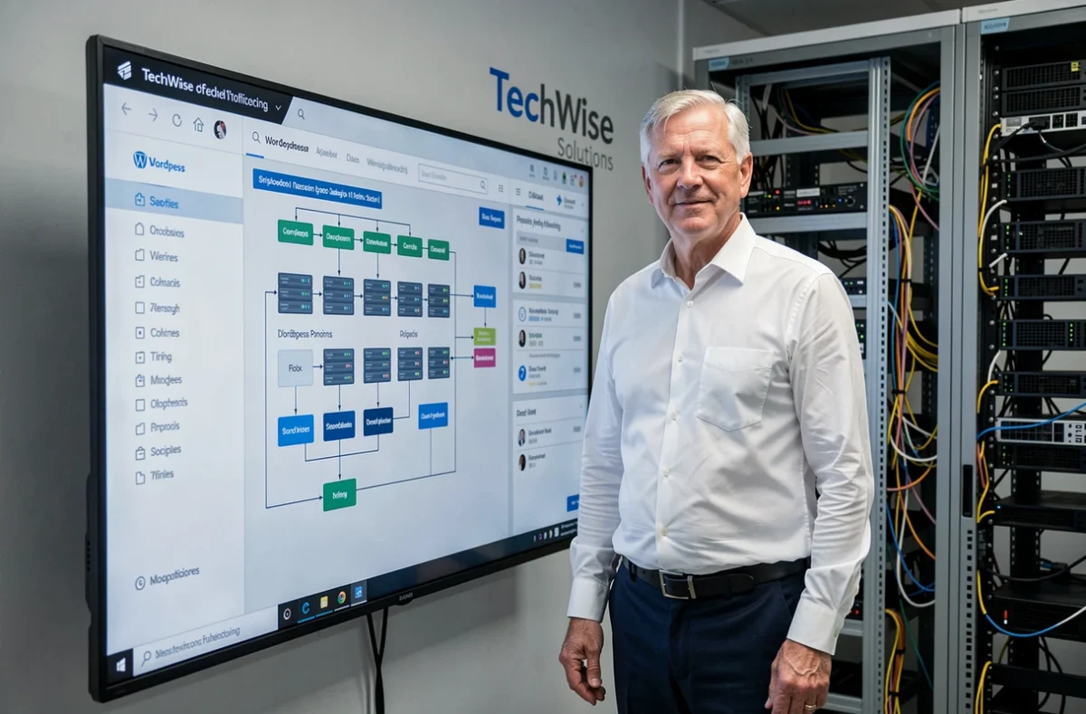 Consultant senior de TechWise Solutions présentant des solutions techniques intégrées à WordPress dans un bureau corporate