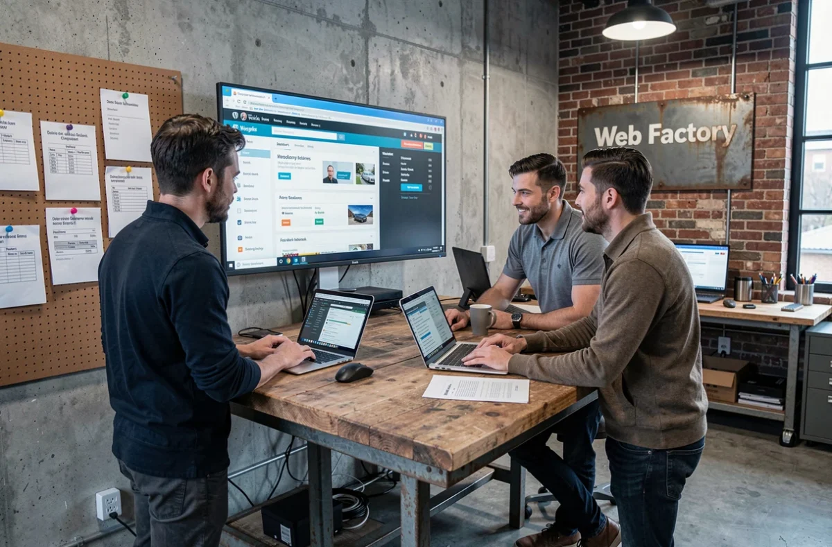 Équipe de Web Factory travaillant sur la production d'un site WordPress e-commerce dans un bureau style entrepôt