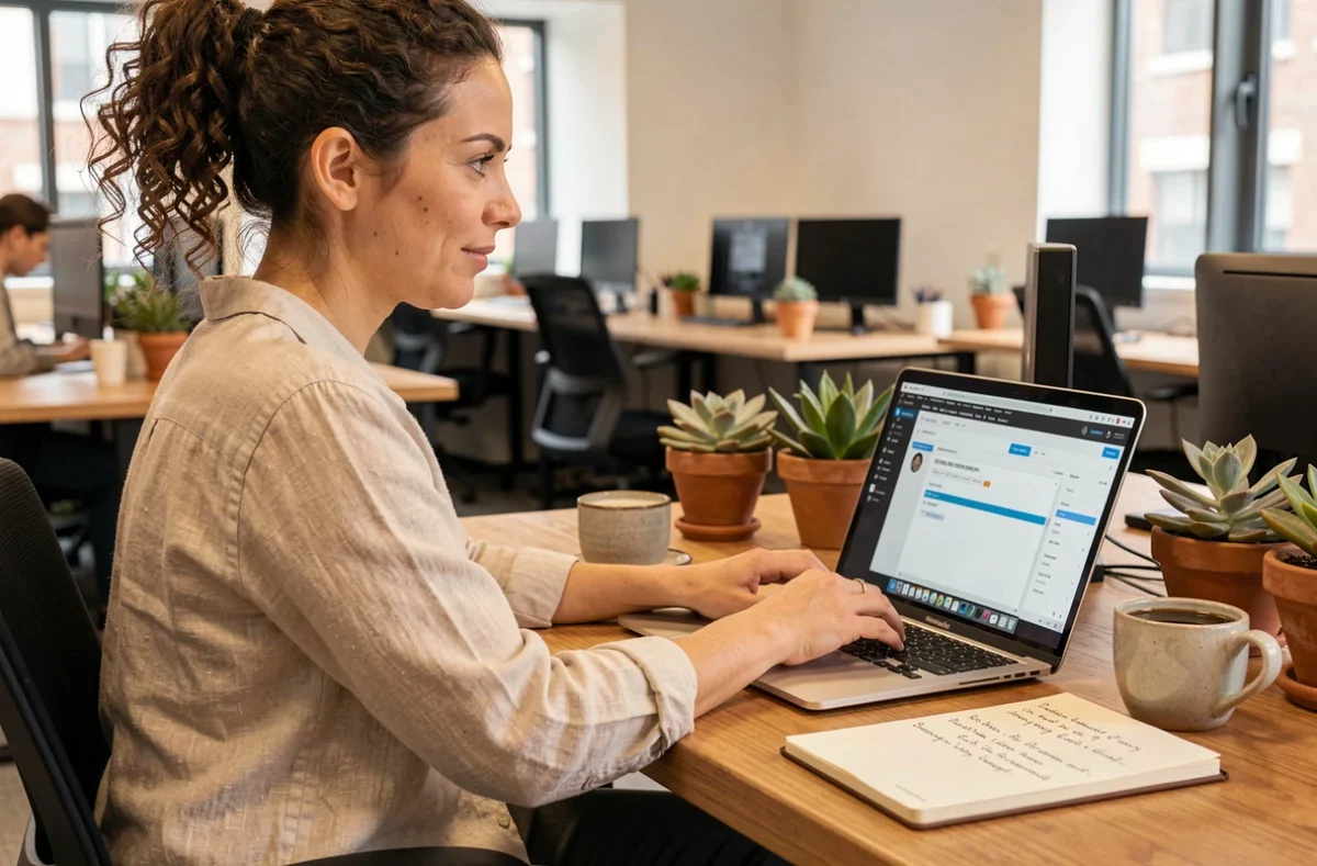 Professionnelle de Web In D Me travaillant sur un site WordPress dans un espace de coworking chaleureux