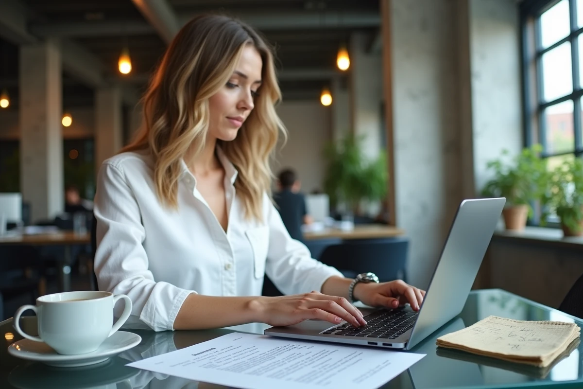 Femme en espace de coworking analysant les conditions d'utilisation et clauses légales d'un logiciel en ligne