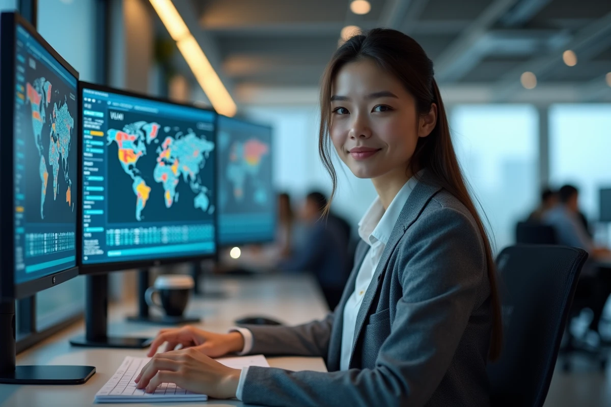 Analyste cybersécurité visualisant une carte de segmentation VLAN sur écrans dans un bureau informatique d'entreprise moderne