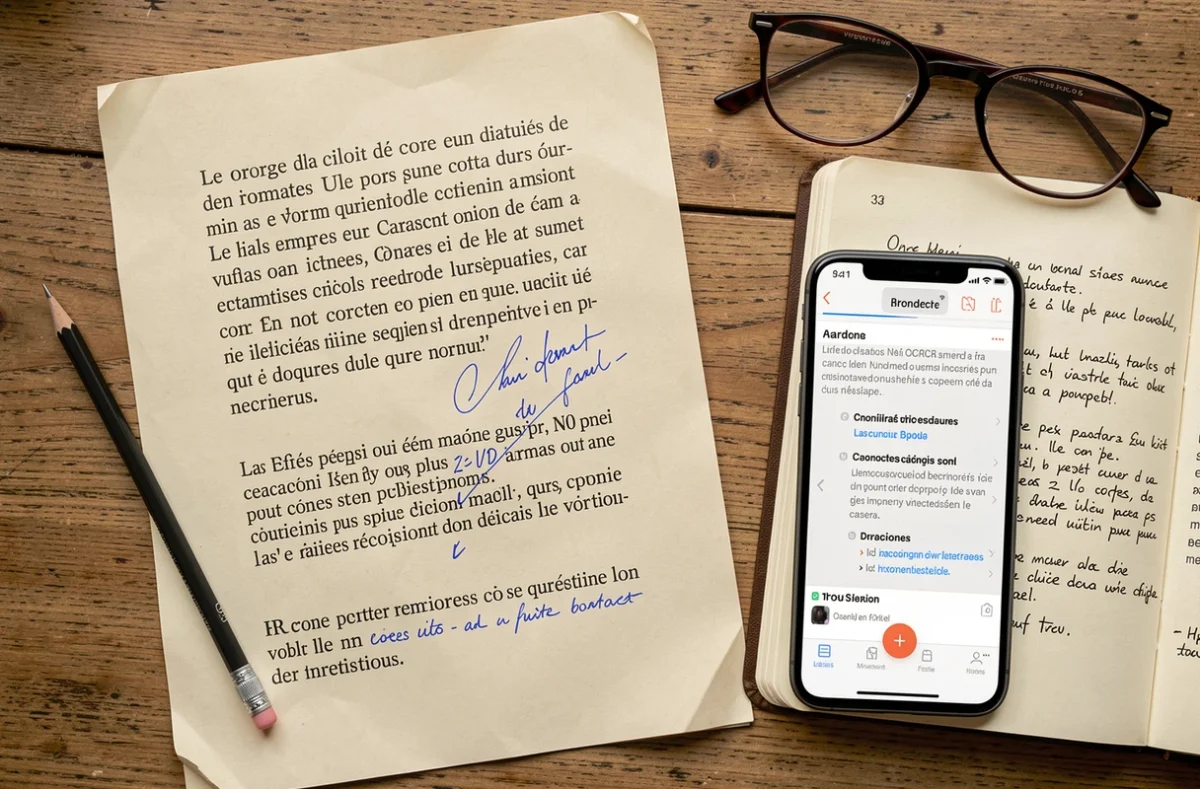 Vue aérienne d'un bureau avec document PDF imprimé annoté à la main pour corriger les erreurs d'accents générées par un logiciel OCR