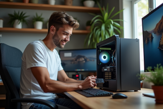 Jeune homme assemble un PC haut de gamme dans un bureau moderne