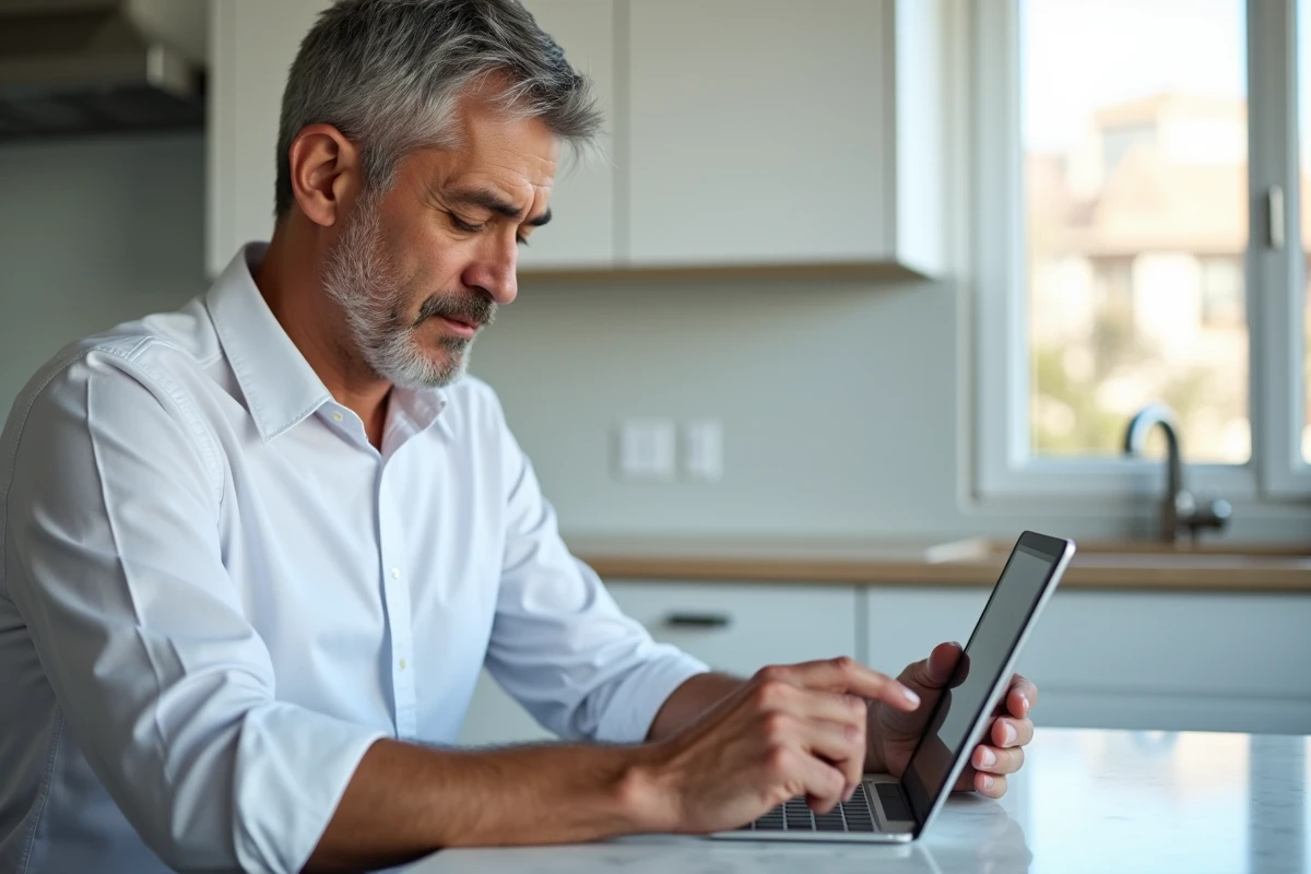 Homme consultant une page d'assistance pour corriger un bug sur webmail IONOS depuis une tablette dans une cuisine moderne