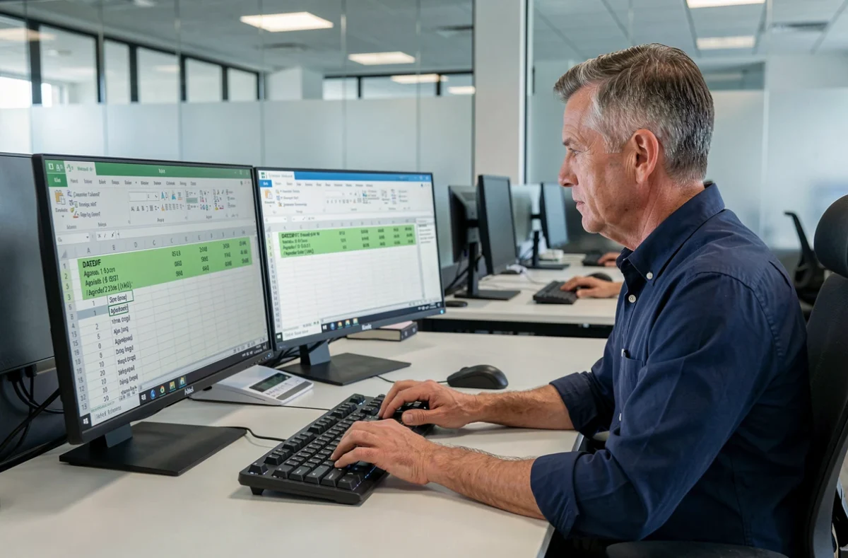 Professionnel calculant des âges automatiquement dans Excel sur un poste de travail double écran en entreprise