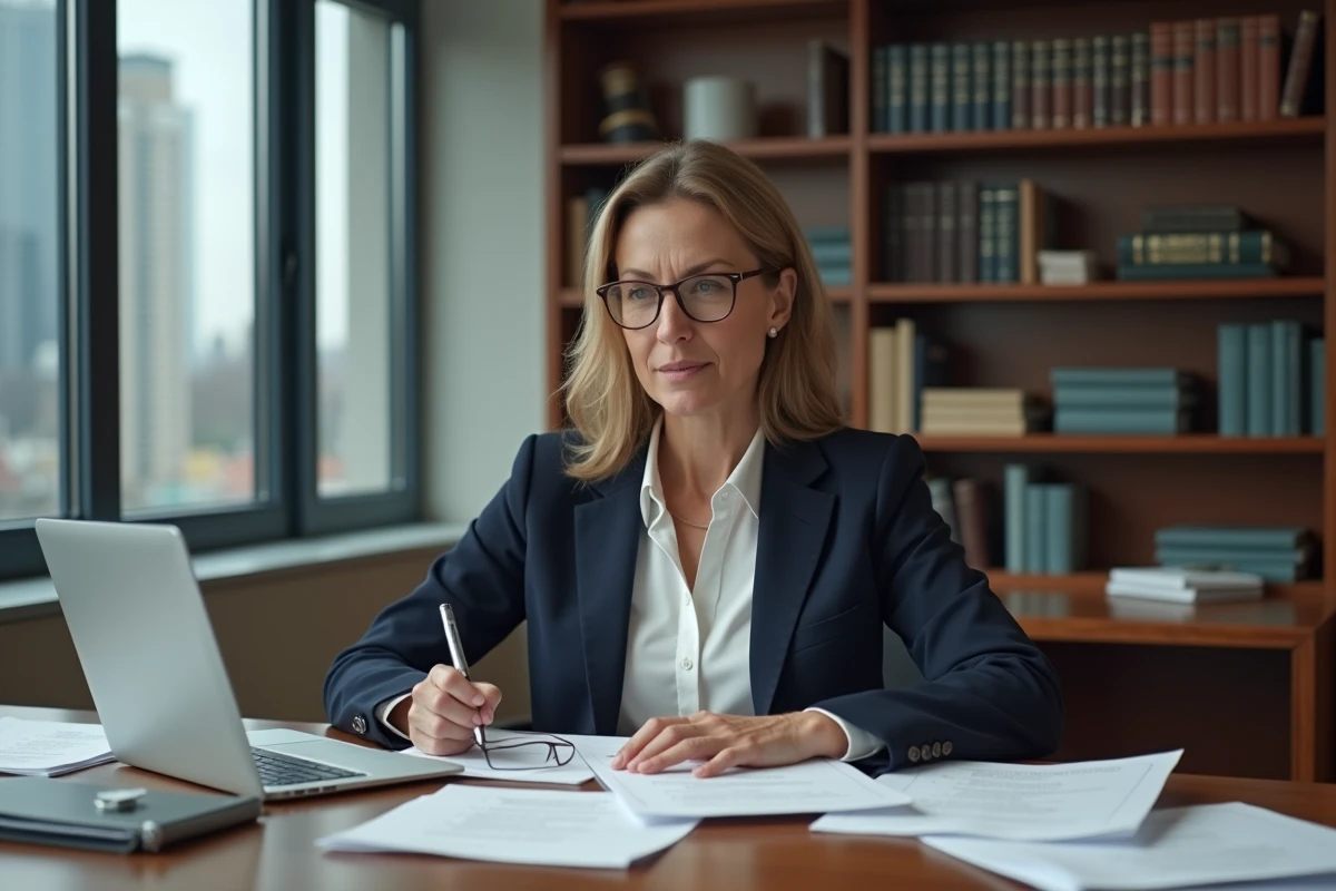 Avocate examinant des documents juridiques liés aux responsabilités légales en matière de fuite de données
