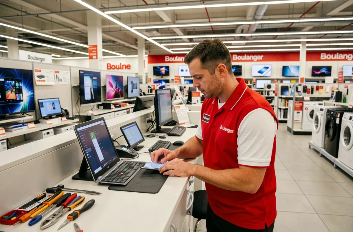 Technicien Boulanger en uniforme effectuant un diagnostic de smartphone au comptoir de réparation en magasin