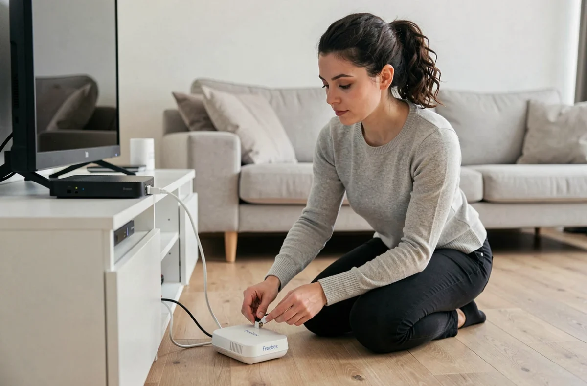 Femme branchant un câble ethernet sur un routeur Freebox dans un salon moderne lors de la première installation