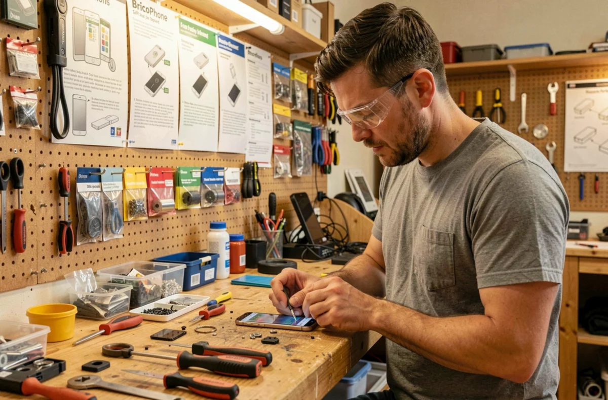 Client réparant lui-même son smartphone dans un atelier BricoPhone avec outils et guides affichés