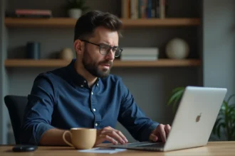 Homme frustré face à un bug sur l'interface webmail IONOS sur son ordinateur portable dans un bureau à domicile