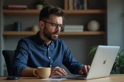 Homme frustré face à un bug sur l'interface webmail IONOS sur son ordinateur portable dans un bureau à domicile
