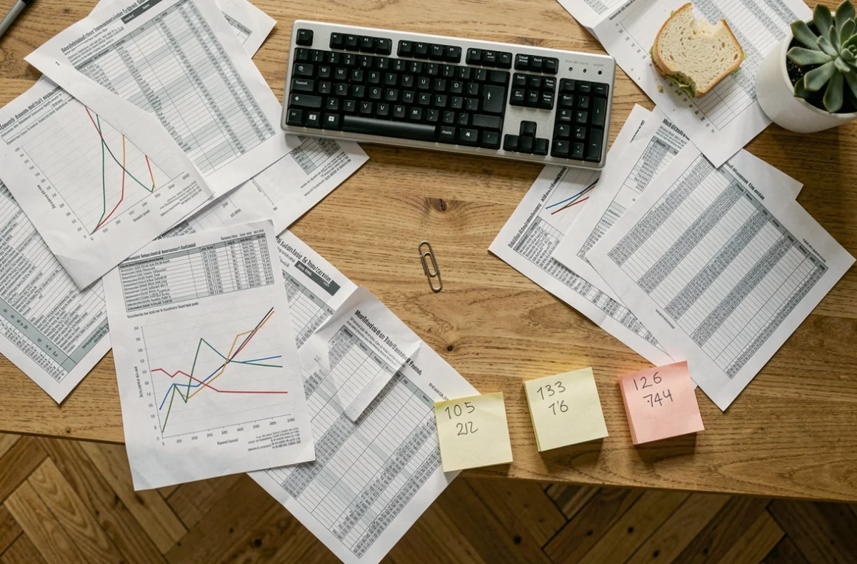 Vue aérienne d'un bureau en bois envahi de feuilles de calcul imprimées, de graphiques exponentiels et d'un trombone métallique au centre, symbolisant la mécanique addictive du jeu Paperclip Universal