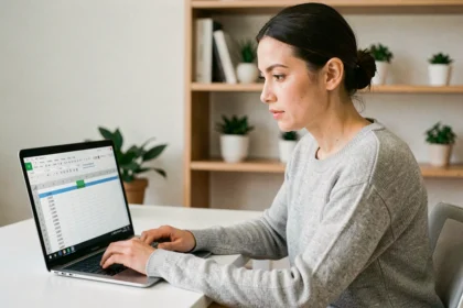Femme utilisant Excel pour calculer automatiquement des âges avec des formules de dates sur un ordinateur portable