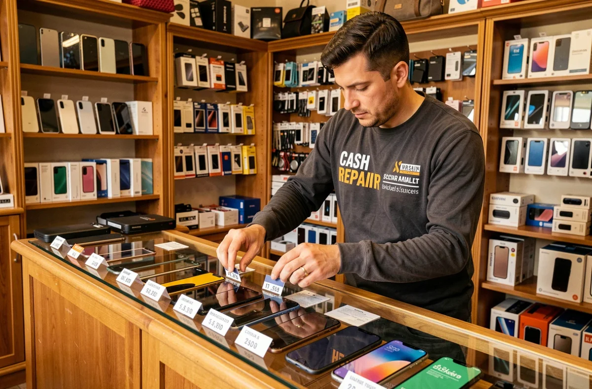 Vendeur Cash and Repair triant des smartphones reconditionnés sur le comptoir d'une boutique de seconde main