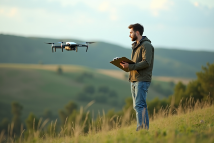 Chercheur environnement avec drone dans la nature