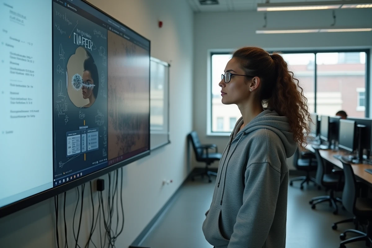Chercheuse en informatique graphique comparant la qualité de reconstruction NeRF sur écran en laboratoire universitaire