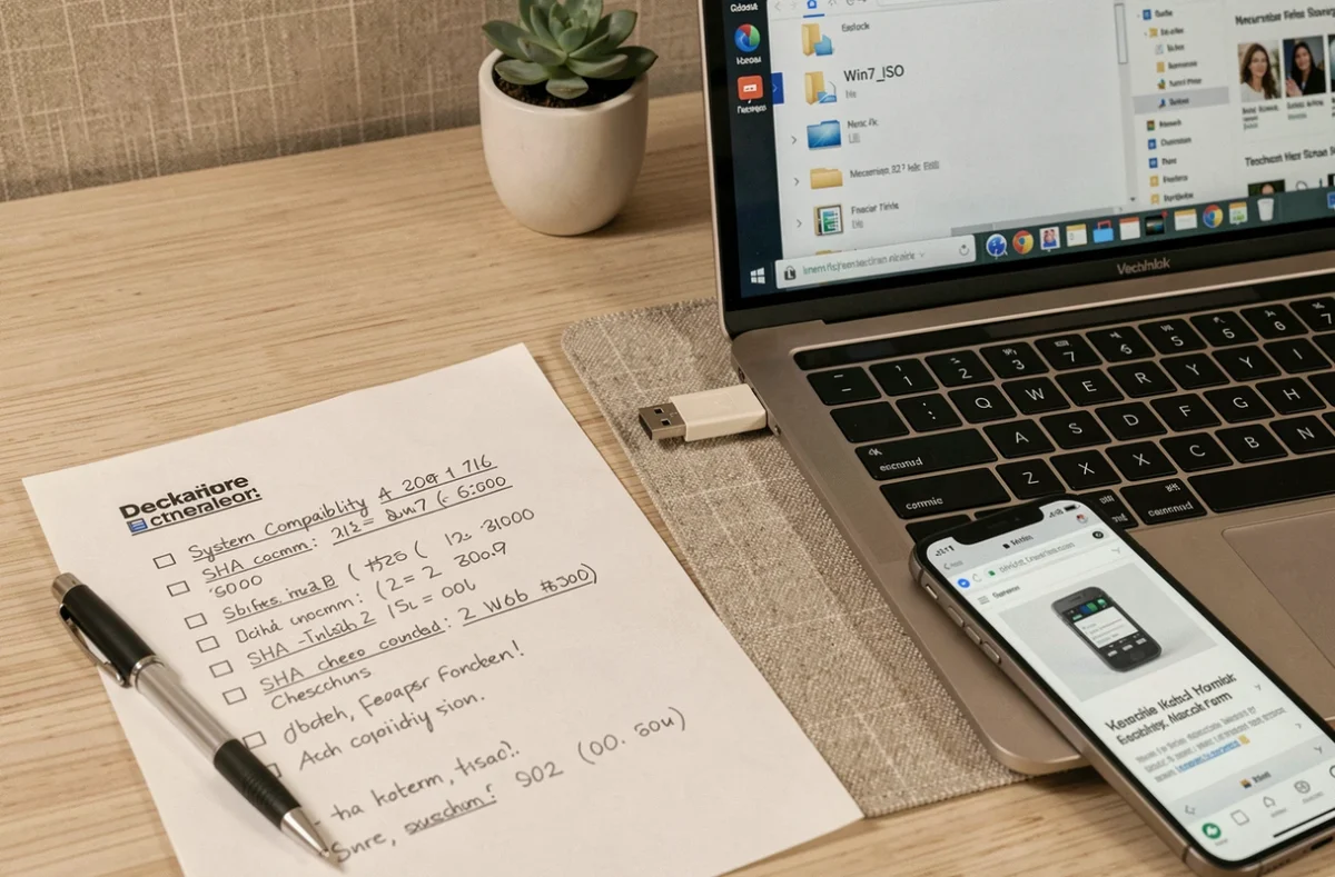 Gros plan d'un bureau minimaliste avec une clé USB, un ordinateur portable affichant un dossier ISO Windows 7 et une liste de vérification imprimée