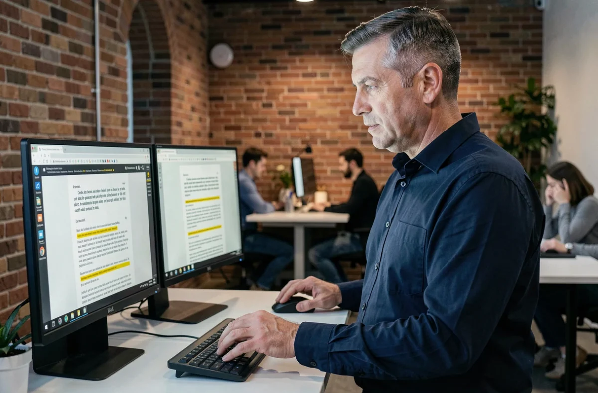 Homme en espace de coworking comparant deux documents PDF sur écrans doubles pour identifier les erreurs OCR sur les caractères accentués français