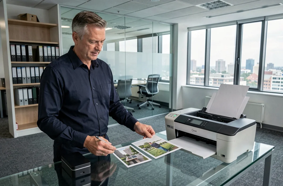 Homme comparant deux tirages photo d'une mini imprimante mobile et d'une imprimante classique dans un bureau moderne