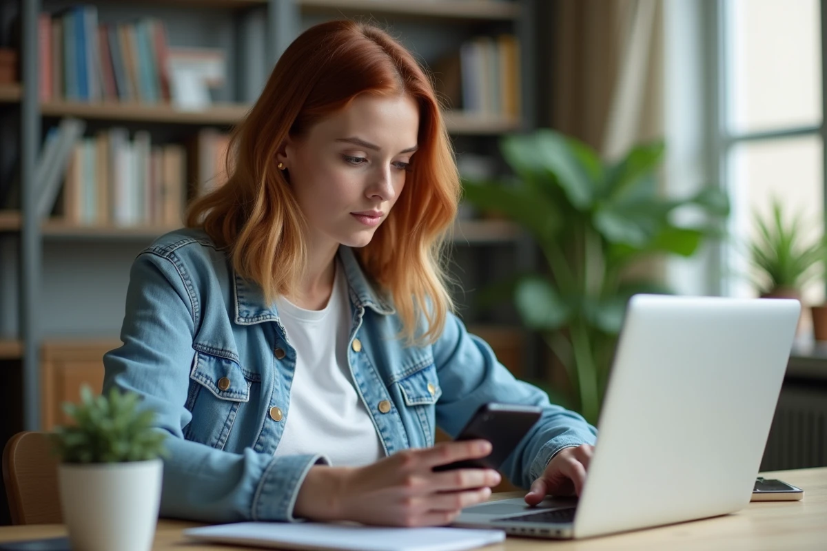 Femme comparant les prix des casques Sony en ligne depuis son bureau à domicile