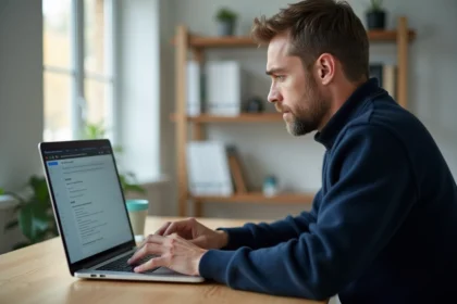 Homme configurant les paramètres de sécurité de sa messagerie Roundcube sur un ordinateur portable dans un bureau à domicile