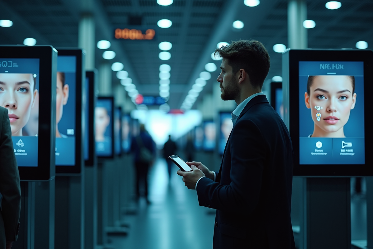 Personne regardant un terminal de reconnaissance faciale à l