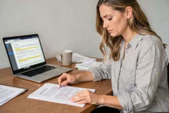 Femme corrigeant des erreurs d'accents sur un document PDF scanné via OCR, assise à un bureau moderne avec un ordinateur portable ouvert