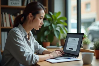 Femme créant une boîte mail Yahoo sur un ordinateur portable dans un bureau à domicile moderne