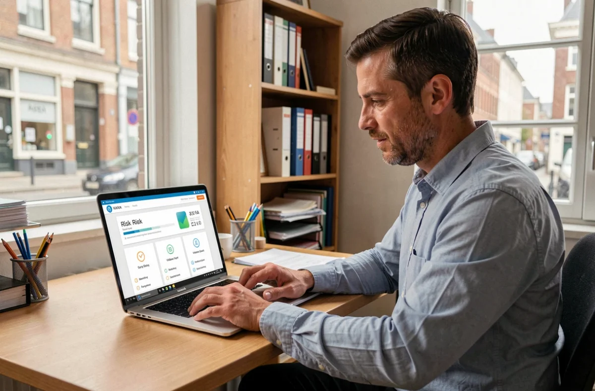 Dirigeant de TPE utilisant l'outil de diagnostic cyber automatisé de CyberChekr sur son ordinateur portable dans son bureau à Lille