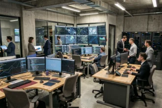 Vue panoramique d'un centre opérationnel de cybersécurité dans les Hauts-de-France avec des professionnels travaillant sur des écrans de surveillance réseau