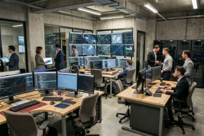 Vue panoramique d'un centre opérationnel de cybersécurité dans les Hauts-de-France avec des professionnels travaillant sur des écrans de surveillance réseau