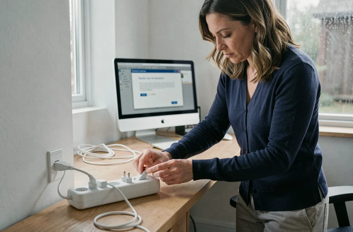 Femme débranchant le câble d'alimentation d'une Freebox d'une multiprise parafoudre après un orage pour protéger l'équipement réseau