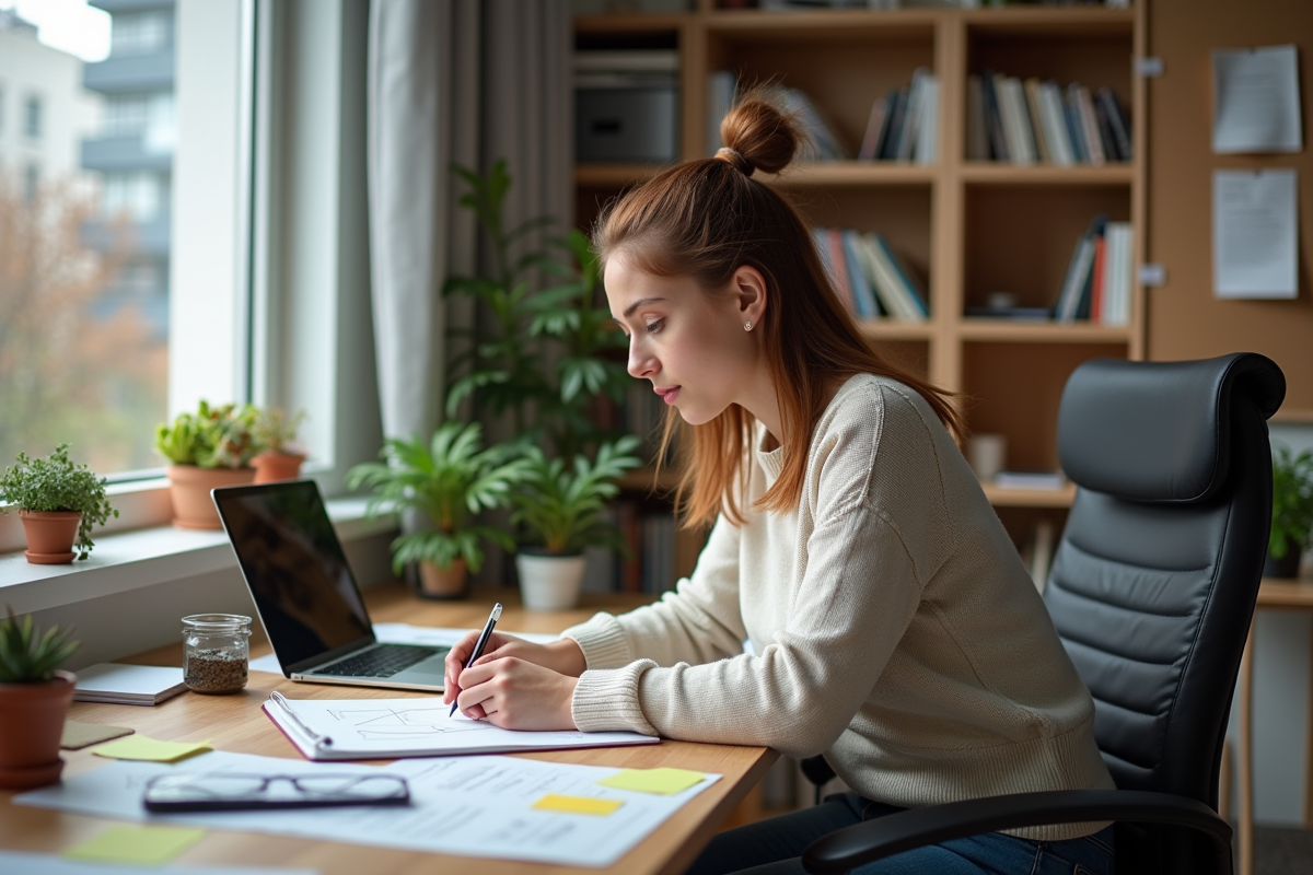 Jeune femme UX designer esquissant des wireframes dans son bureau