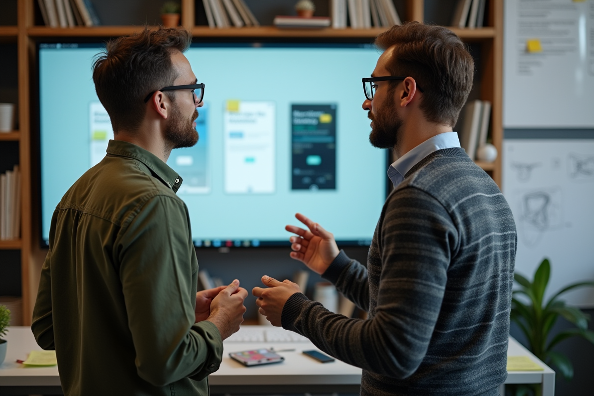 Deux collègues discutant de maquettes d interface