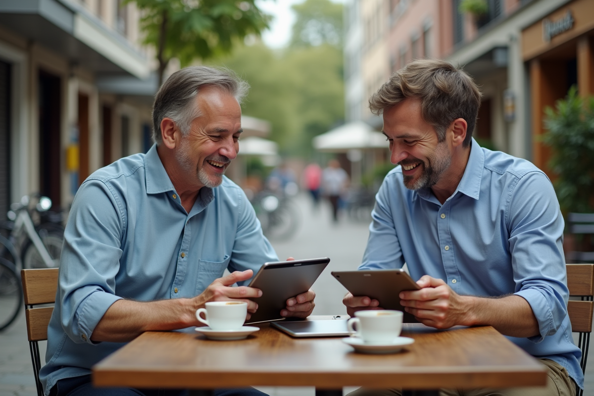 Deux hommes discutent de creation de sites sur une terrasse
