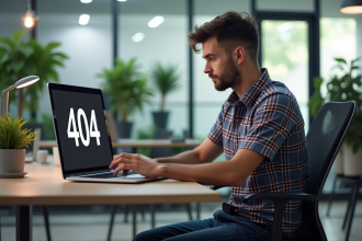 Jeune developpeur face à un message 404 sur son ordinateur