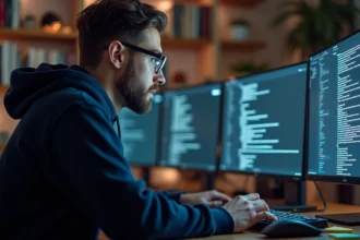 Développeur informatique examinant un contrat de licence utilisateur final sur son écran d'ordinateur dans un bureau à domicile