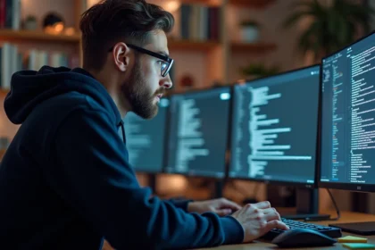 Développeur informatique examinant un contrat de licence utilisateur final sur son écran d'ordinateur dans un bureau à domicile