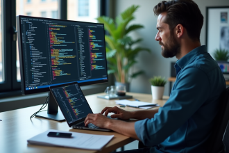Développeur web travaillant sur un ordinateur portable dans un bureau lumineux
